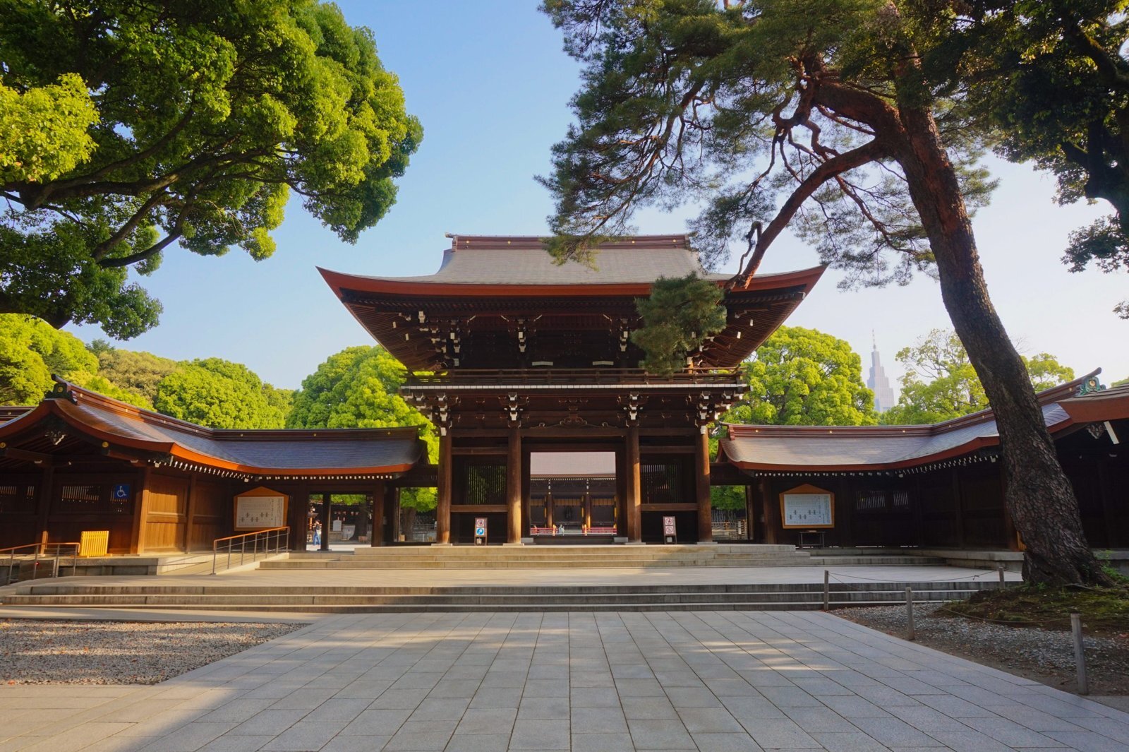 The wooden gate at Meiji Jingu beneath green trees