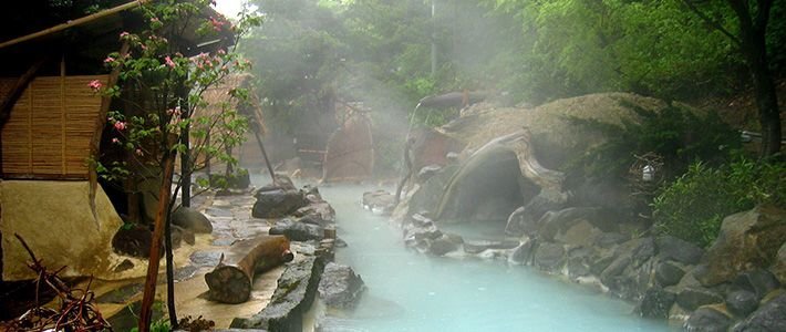 Steam rising from a rock-lined outdoor hot-spring bath surrounded by plants
